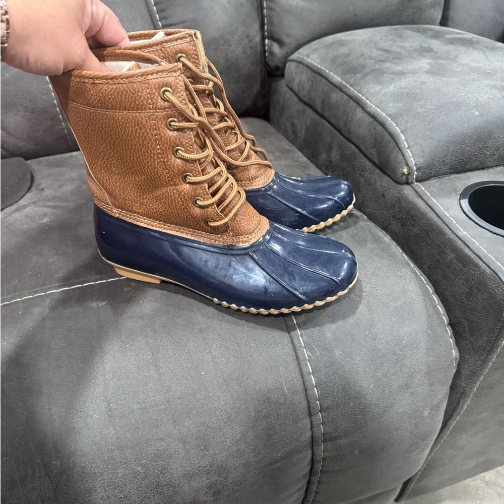 Brown and Blue Lace-Up Duck Boots